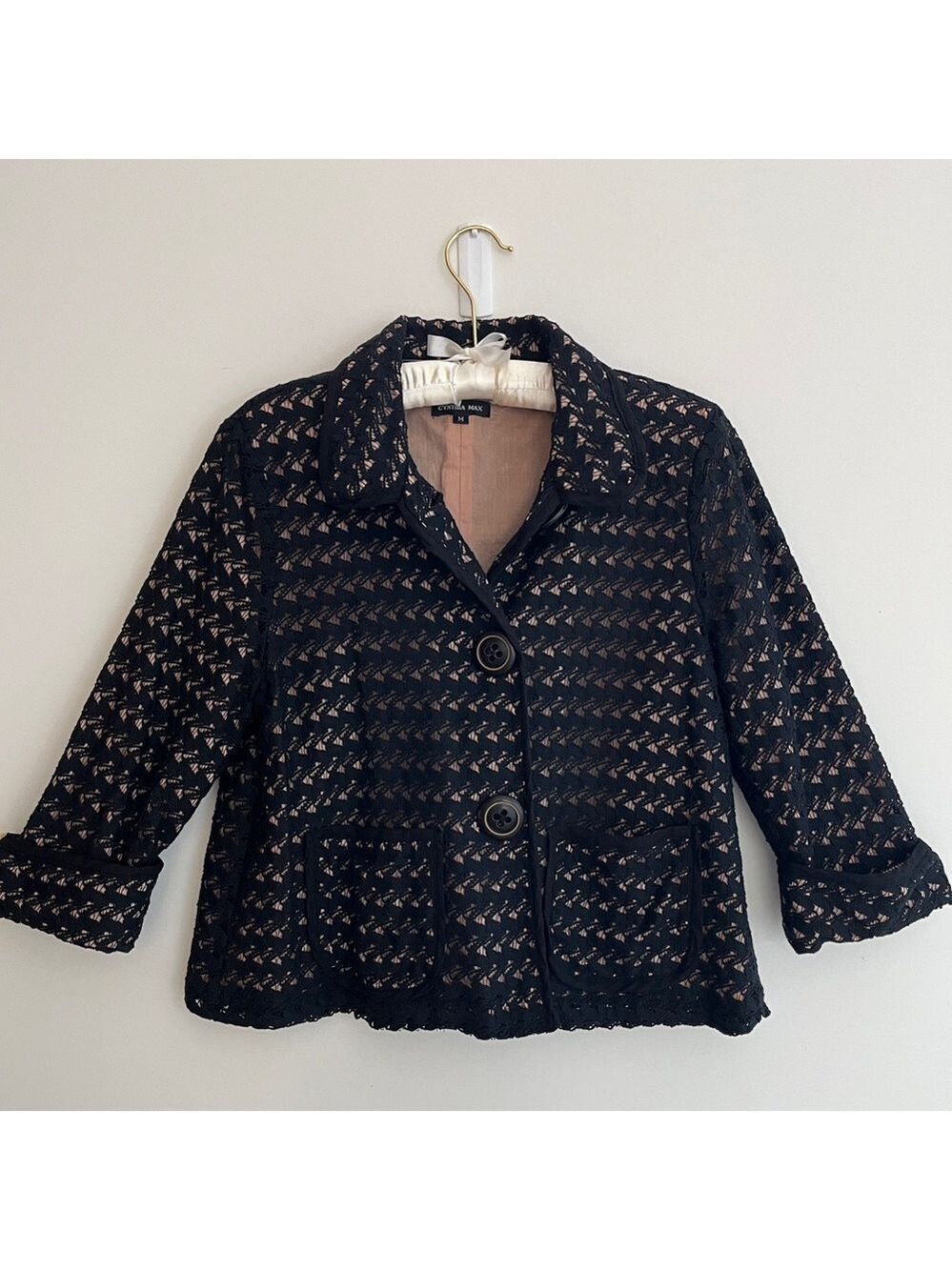 CYNTHIA MAX Jacket Blazer Black Lace  Nude Lining 3/4 Sleeves Office Career Chic